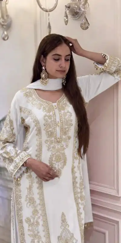SRK 5365 White Faux Georgette Salwar Suit erfect for Wedding, Party, Mehendi, Pongal, Reception – . Available at ₹2449 only. Delivery 4-6 Working Days | Casual Suits, Jump Suits, Creative suits, Designer Suits, Palazzo Suits, Party Wear Suits, Patiala Suits, Salwar suit, Straight Suits
