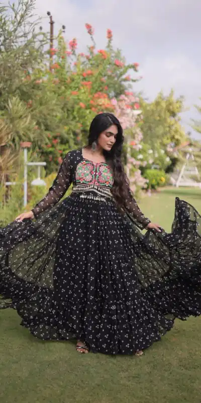 KA 1268 Black in Colour Faux Georgette Bandhani Print Work Gown. Available at ₹2119 only. Delivery 4-6 Working Days. Shop now. | Bollywood Gowns, Creative Gowns, Designer Gowns, Embroidered Gowns, Gowns, Party Wear Gowns