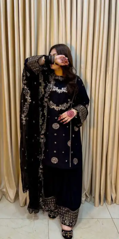 ST 251 Black Faux Georgette Salwar Suit with Mirror Work & Embroidery Work. Get it for ₹2349. Delivery 4-6 Working Days. Shop now. | Casual Suits, Jump Suits, Creative suits, Designer Suits, Palazzo Suits, Party Wear Suits, Patiala Suits, Salwar suit, Straight Suits