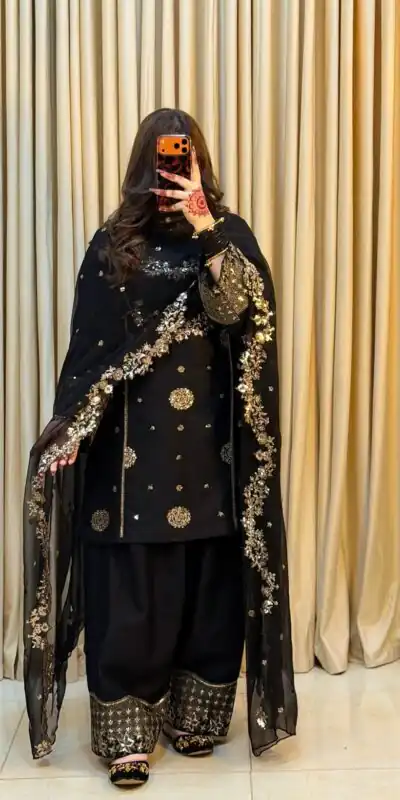 ST 251 Black Faux Georgette Salwar Suit with Mirror Work & Embroidery Work. Get it for ₹2349. Delivery 4-6 Working Days. Shop now. | Casual Suits, Jump Suits, Creative suits, Designer Suits, Palazzo Suits, Party Wear Suits, Patiala Suits, Salwar suit, Straight Suits