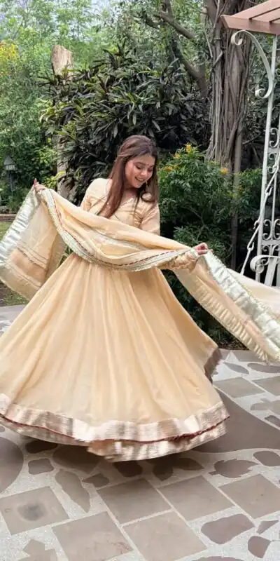 RTC 6048 Cream Tabby Organza Silk Gown with Hand Work & Mirror Work. Special Price ₹2549. Delivery 4-6 Working Days. Shop now. | Bollywood Gowns, Creative Gowns, Designer Gowns, Embroidered Gowns, Gowns, Party Wear Gowns