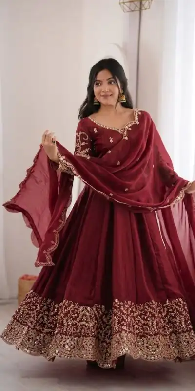 ZSR 3185 Maroon Fendy Silk Gown with Embroidery Work & Sequins Work. Special Price ₹2399. Delivery 4-6 Working Days. Shop now. | Bollywood Gowns, Creative Gowns, Designer Gowns, Embroidered Gowns, Gowns, Party Wear Gowns