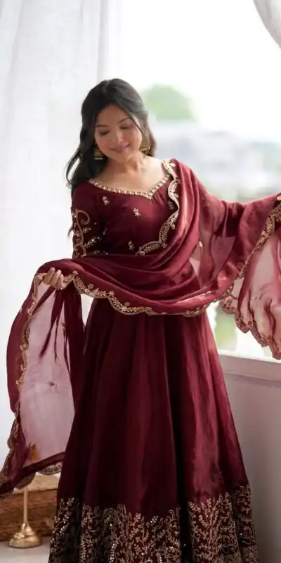ZSR 3185 Maroon Fendy Silk Gown with Embroidery Work & Sequins Work. Special Price ₹2399. Delivery 4-6 Working Days. Shop now. | Bollywood Gowns, Creative Gowns, Designer Gowns, Embroidered Gowns, Gowns, Party Wear Gowns