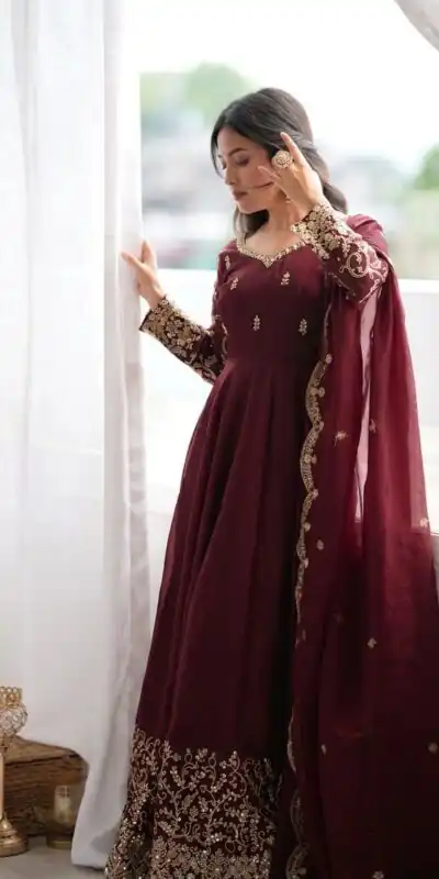 ZSR 3185 Maroon Fendy Silk Gown with Embroidery Work & Sequins Work. Special Price ₹2399. Delivery 4-6 Working Days. Shop now. | Bollywood Gowns, Creative Gowns, Designer Gowns, Embroidered Gowns, Gowns, Party Wear Gowns