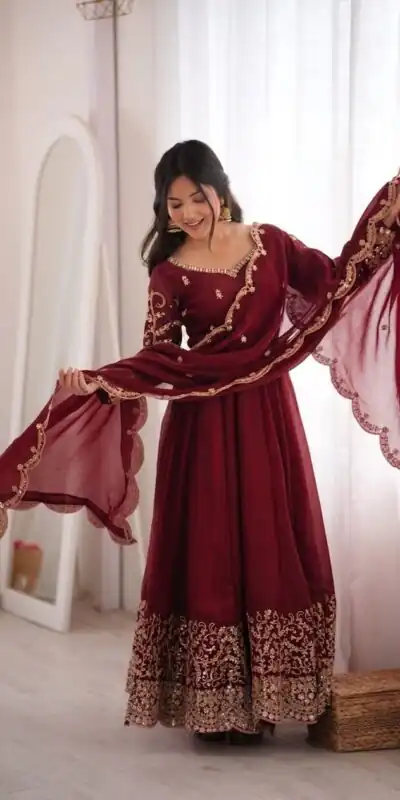 ZSR 3185 Maroon Fendy Silk Gown with Embroidery Work & Sequins Work. Special Price ₹2399. Delivery 4-6 Working Days. Shop now. | Bollywood Gowns, Creative Gowns, Designer Gowns, Embroidered Gowns, Gowns, Party Wear Gowns