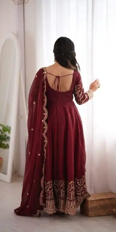 ZSR 3185 Maroon Fendy Silk Gown with Embroidery Work & Sequins Work. Special Price ₹2399. Delivery 4-6 Working Days. Shop now. | Bollywood Gowns, Creative Gowns, Designer Gowns, Embroidered Gowns, Gowns, Party Wear Gowns