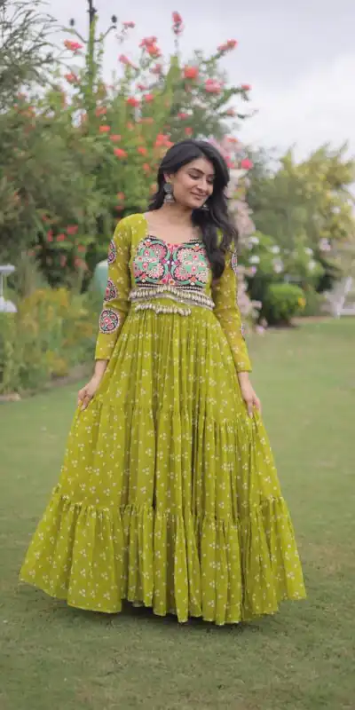 KA 1268 Mehendi in Colour Faux Georgette Bandhani Print Work Gown. Available at ₹2119 only. Delivery 4-6 Working Days. Shop now. | Bollywood Gowns, Creative Gowns, Designer Gowns, Embroidered Gowns, Gowns, Party Wear Gowns