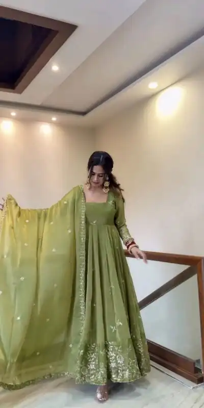 NSR 907 Mehendi Fendy Silk Gown with Embroidery Work & Sequins Work. Special Price ₹2399. Delivery 4-6 Working Days. Shop now. | Bollywood Gowns, Creative Gowns, Designer Gowns, Embroidered Gowns, Gowns, Party Wear Gowns