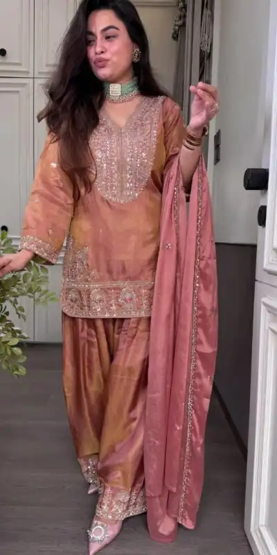 SRK 5367 Peach Embroidery Work & Sequins Work Salwar Suit in Peach Ronald Silk. Get it for ₹2349. Delivery 4-6 Working Days. Shop now. | Casual Suits, Jump Suits, Creative suits, Designer Suits, Palazzo Suits, Party Wear Suits, Patiala Suits, Salwar suit, Straight Suits