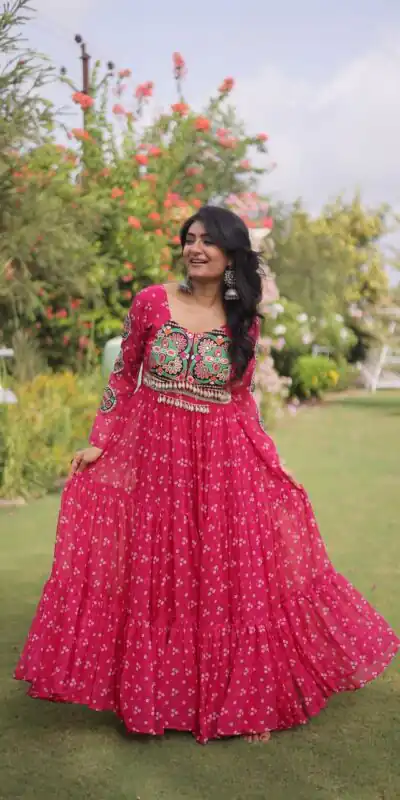 KA 1268 Pink in Colour Faux Georgette Bandhani Print Work Gown. Available at ₹2119 only. Delivery 4-6 Working Days. Shop now. | Bollywood Gowns, Creative Gowns, Designer Gowns, Embroidered Gowns, Gowns, Party Wear Gowns