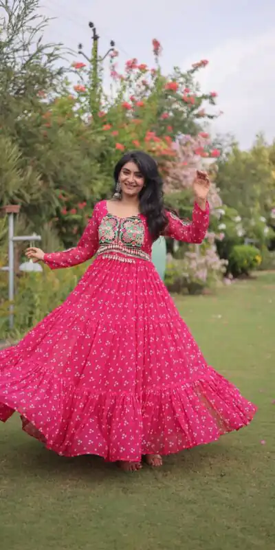 KA 1268 Pink in Colour Faux Georgette Bandhani Print Work Gown. Available at ₹2119 only. Delivery 4-6 Working Days. Shop now. | Bollywood Gowns, Creative Gowns, Designer Gowns, Embroidered Gowns, Gowns, Party Wear Gowns