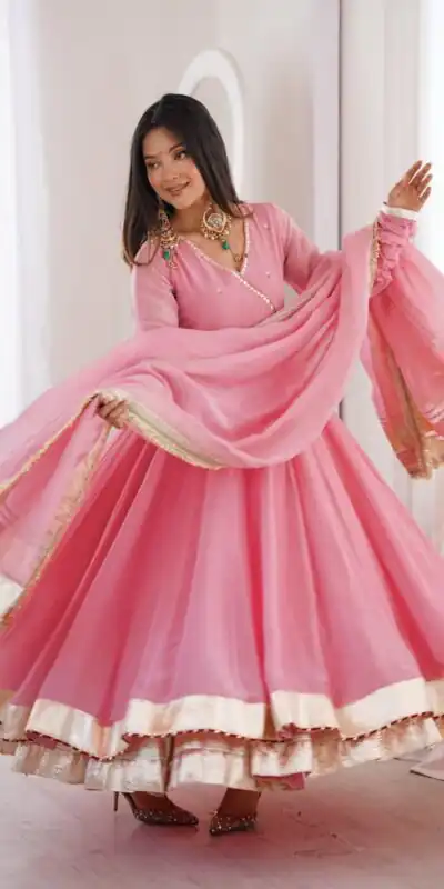 RTC 6048 Pink Tabby Organza Silk Gown with Hand Work & Mirror Work. Special Price ₹2549. Delivery 4-6 Working Days. Shop now. | Bollywood Gowns, Creative Gowns, Designer Gowns, Embroidered Gowns, Gowns, Party Wear Gowns