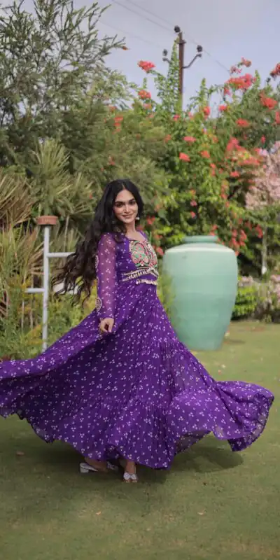 KA 1268 Purple in Colour Faux Georgette Bandhani Print Work Gown. Available at ₹2119 only. Delivery 4-6 Working Days. Shop now. | Bollywood Gowns, Creative Gowns, Designer Gowns, Embroidered Gowns, Gowns, Party Wear Gowns