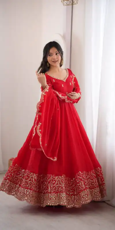 ZSR 3185 Red Fendy Silk Gown with Embroidery Work & Sequins Work. Special Price ₹2399. Delivery 4-6 Working Days. Shop now. | Bollywood Gowns, Creative Gowns, Designer Gowns, Embroidered Gowns, Gowns, Party Wear Gowns