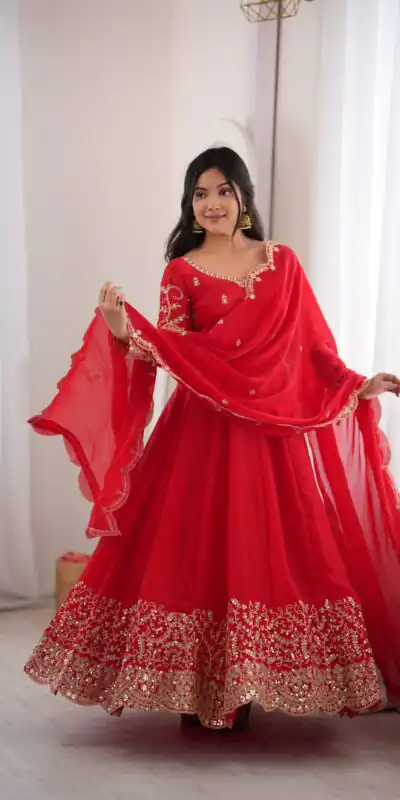 ZSR 3185 Red Fendy Silk Gown with Embroidery Work & Sequins Work. Special Price ₹2399. Delivery 4-6 Working Days. Shop now. | Bollywood Gowns, Creative Gowns, Designer Gowns, Embroidered Gowns, Gowns, Party Wear Gowns