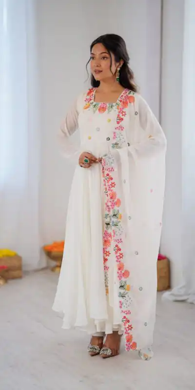 NSR 901 White Faux Georgette Salwar Suit with Lace Work & Embroidery Work. Introductory Price ₹2099. Delivery 4-6 Working Days. Shop now. | Casual Suits, Jump Suits, Creative suits, Designer Suits, Palazzo Suits, Party Wear Suits, Patiala Suits, Salwar suit, Straight Suits