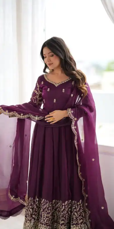 ZSR 3185 Wine Fendy Silk Gown with Embroidery Work & Sequins Work. Special Price ₹2399. Delivery 4-6 Working Days. Shop now. | Bollywood Gowns, Creative Gowns, Designer Gowns, Embroidered Gowns, Gowns, Party Wear Gowns