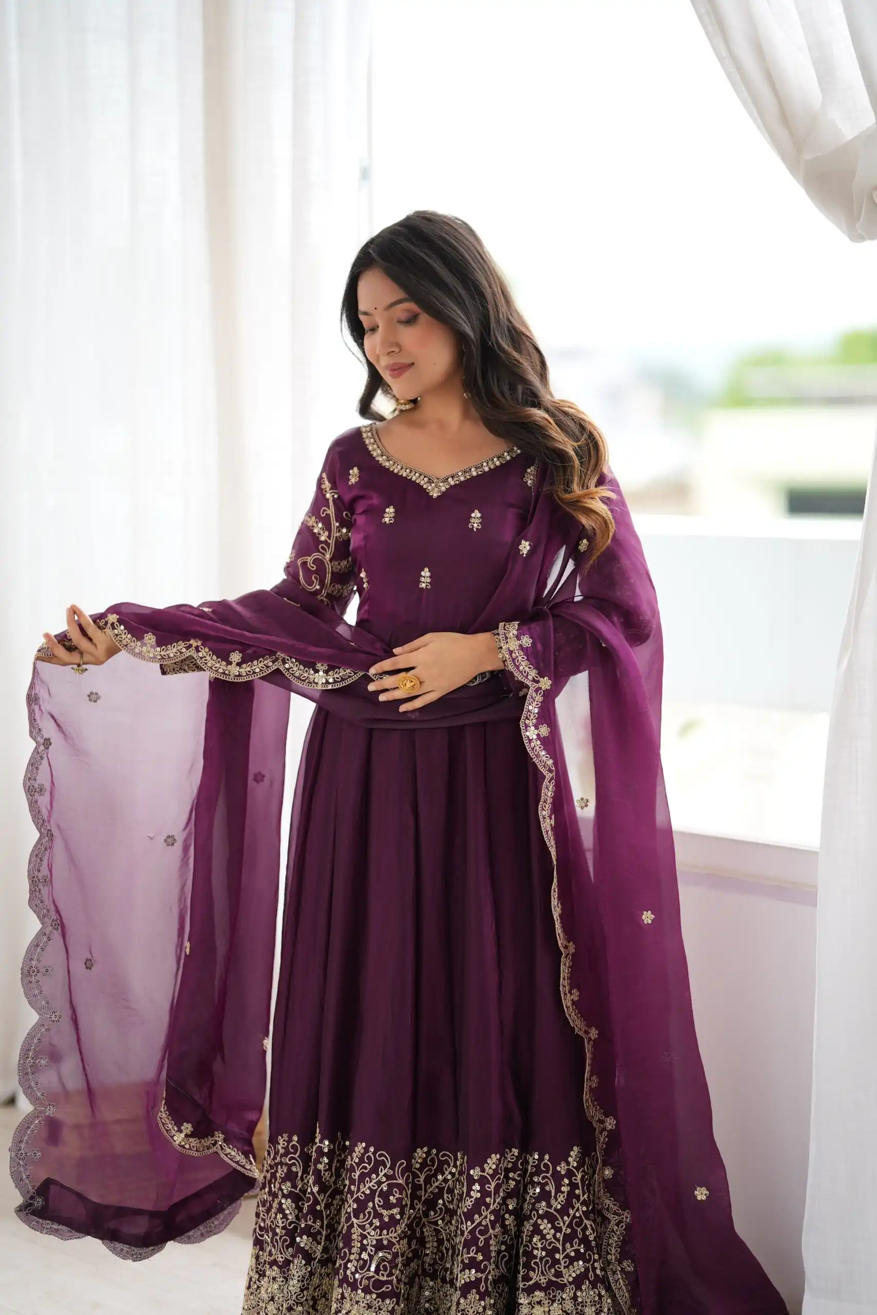 ZSR 3185 Wine Fendy Silk Gown with Embroidery Work & Sequins Work. Special Price ₹2399. Delivery 4-6 Working Days. Shop now. | Bollywood Gowns, Creative Gowns, Designer Gowns, Embroidered Gowns, Gowns, Party Wear Gowns