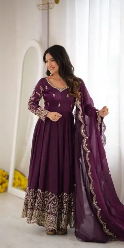 ZSR 3185 Wine Fendy Silk Gown with Embroidery Work & Sequins Work. Special Price ₹2399. Delivery 4-6 Working Days. Shop now. | Bollywood Gowns, Creative Gowns, Designer Gowns, Embroidered Gowns, Gowns, Party Wear Gowns