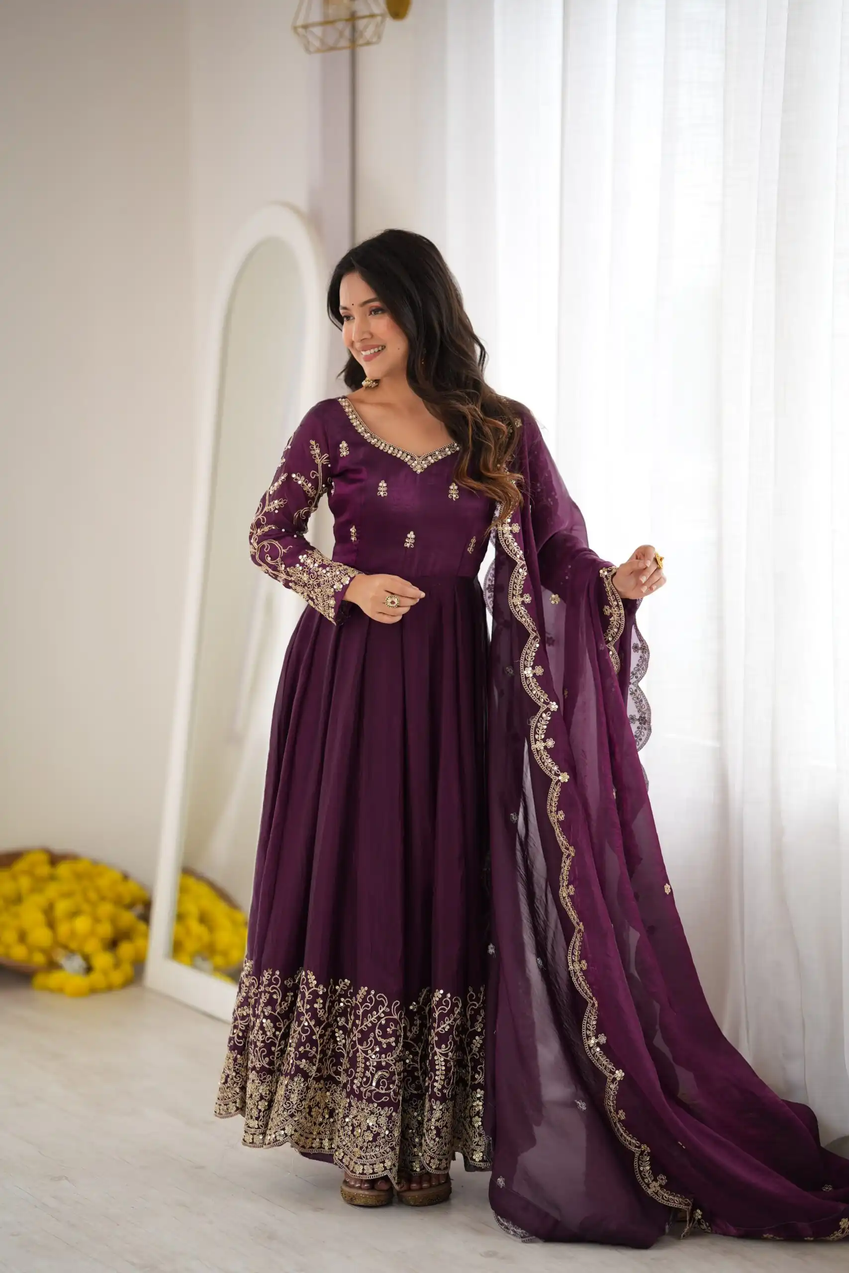 ZSR 3185 Wine Fendy Silk Gown with Embroidery Work & Sequins Work. Special Price ₹2399. Delivery 4-6 Working Days. Shop now. | Bollywood Gowns, Creative Gowns, Designer Gowns, Embroidered Gowns, Gowns, Party Wear Gowns