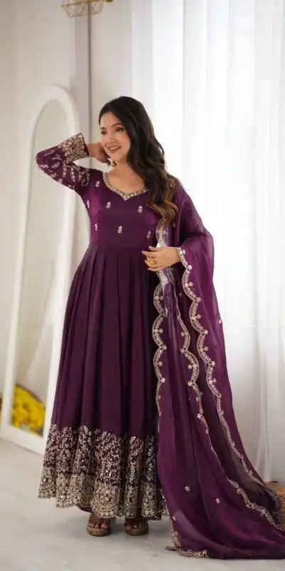 ZSR 3185 Wine Fendy Silk Gown with Embroidery Work & Sequins Work. Special Price ₹2399. Delivery 4-6 Working Days. Shop now. | Bollywood Gowns, Creative Gowns, Designer Gowns, Embroidered Gowns, Gowns, Party Wear Gowns