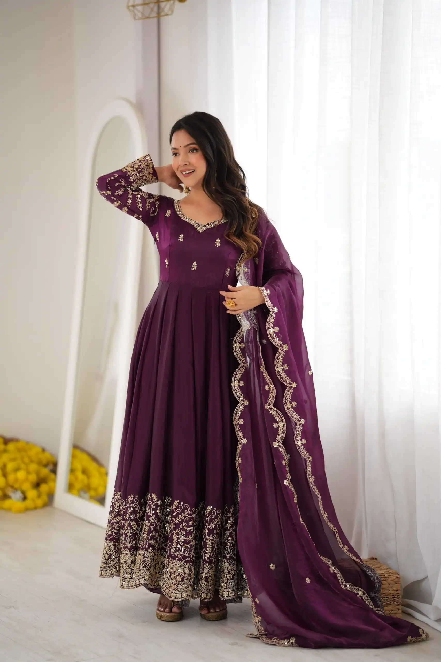 ZSR 3185 Wine Fendy Silk Gown with Embroidery Work & Sequins Work. Special Price ₹2399. Delivery 4-6 Working Days. Shop now. | Bollywood Gowns, Creative Gowns, Designer Gowns, Embroidered Gowns, Gowns, Party Wear Gowns