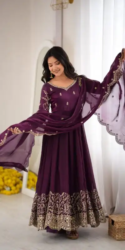 ZSR 3185 Wine Fendy Silk Gown with Embroidery Work & Sequins Work. Special Price ₹2399. Delivery 4-6 Working Days. Shop now. | Bollywood Gowns, Creative Gowns, Designer Gowns, Embroidered Gowns, Gowns, Party Wear Gowns