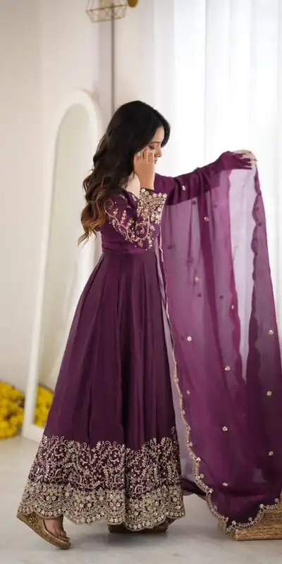 ZSR 3185 Wine Fendy Silk Gown with Embroidery Work & Sequins Work. Special Price ₹2399. Delivery 4-6 Working Days. Shop now. | Bollywood Gowns, Creative Gowns, Designer Gowns, Embroidered Gowns, Gowns, Party Wear Gowns