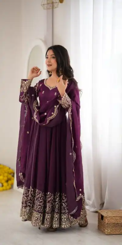 ZSR 3185 Wine Fendy Silk Gown with Embroidery Work & Sequins Work. Special Price ₹2399. Delivery 4-6 Working Days. Shop now. | Bollywood Gowns, Creative Gowns, Designer Gowns, Embroidered Gowns, Gowns, Party Wear Gowns