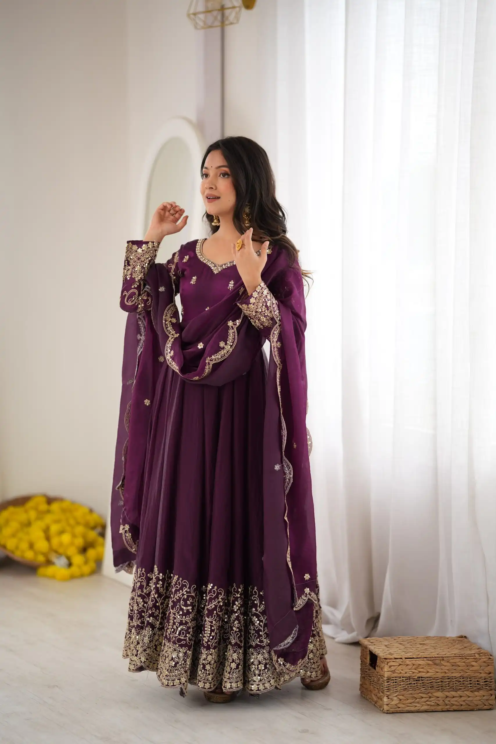ZSR 3185 Wine Fendy Silk Gown with Embroidery Work & Sequins Work. Special Price ₹2399. Delivery 4-6 Working Days. Shop now. | Bollywood Gowns, Creative Gowns, Designer Gowns, Embroidered Gowns, Gowns, Party Wear Gowns