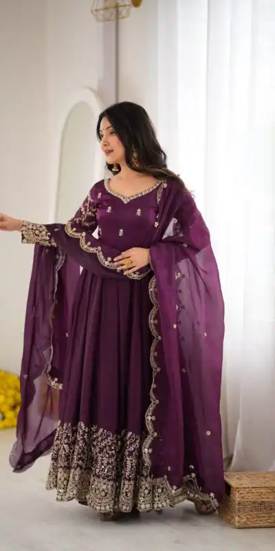 ZSR 3185 Wine Fendy Silk Gown with Embroidery Work & Sequins Work. Special Price ₹2399. Delivery 4-6 Working Days. Shop now. | Bollywood Gowns, Creative Gowns, Designer Gowns, Embroidered Gowns, Gowns, Party Wear Gowns