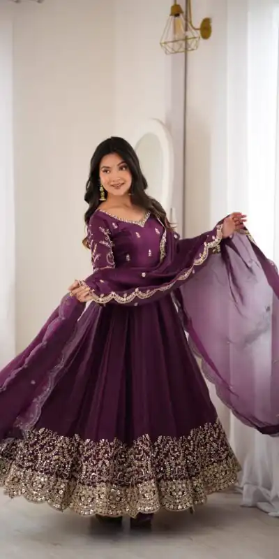 ZSR 3185 Wine Fendy Silk Gown with Embroidery Work & Sequins Work. Special Price ₹2399. Delivery 4-6 Working Days. Shop now. | Bollywood Gowns, Creative Gowns, Designer Gowns, Embroidered Gowns, Gowns, Party Wear Gowns