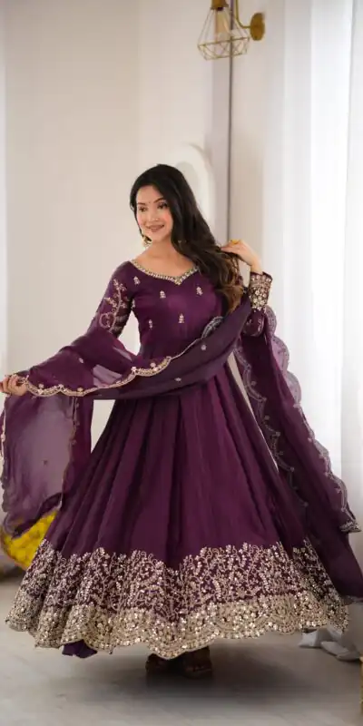ZSR 3185 Wine Fendy Silk Gown with Embroidery Work & Sequins Work. Special Price ₹2399. Delivery 4-6 Working Days. Shop now. | Bollywood Gowns, Creative Gowns, Designer Gowns, Embroidered Gowns, Gowns, Party Wear Gowns