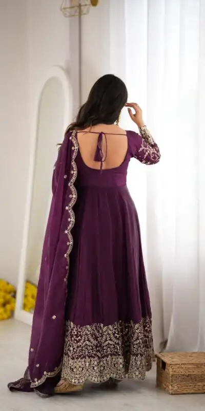 ZSR 3185 Wine Fendy Silk Gown with Embroidery Work & Sequins Work. Special Price ₹2399. Delivery 4-6 Working Days. Shop now. | Bollywood Gowns, Creative Gowns, Designer Gowns, Embroidered Gowns, Gowns, Party Wear Gowns