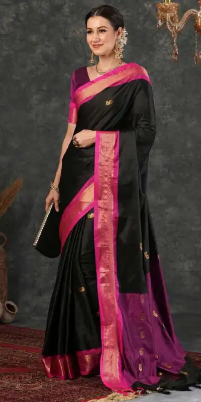 KP 7009 Black Soft Lichi Silk Saree with Lace Work & Lace Border. Introductory Price ₹1649. Delivery 4-6 Working Days. Shop now. | Creative Sarees, Bollywood Sarees, Designer Sarees, Embroidered Sarees, Ethnic Saree, Modern Digital sarees, Party Wear Sarees, Sarees