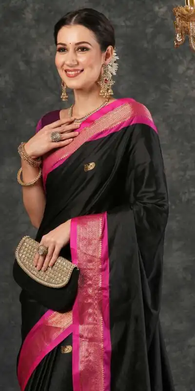 KP 7009 Black Soft Lichi Silk Saree with Lace Work & Lace Border. Introductory Price ₹1649. Delivery 4-6 Working Days. Shop now. | Creative Sarees, Bollywood Sarees, Designer Sarees, Embroidered Sarees, Ethnic Saree, Modern Digital sarees, Party Wear Sarees, Sarees