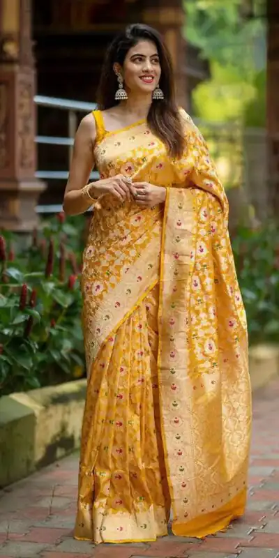 KP 6080 Yellow Soft Lichi Silk Saree with Lace Work & Lace Border. Introductory Price ₹1649. Delivery 4-6 Working Days. Shop now. | Creative Sarees, Bollywood Sarees, Designer Sarees, Embroidered Sarees, Ethnic Saree, Modern Digital sarees, Party Wear Sarees, Sarees
