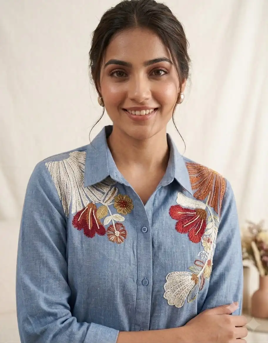 Glowing Blue Cotton Denim Embroidery Work Kurti - Image 3