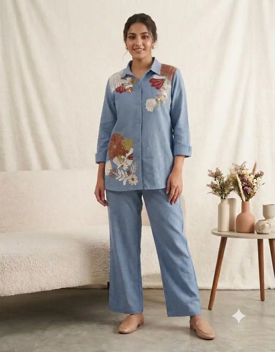 Glowing Blue Cotton Denim Embroidery Work Kurti