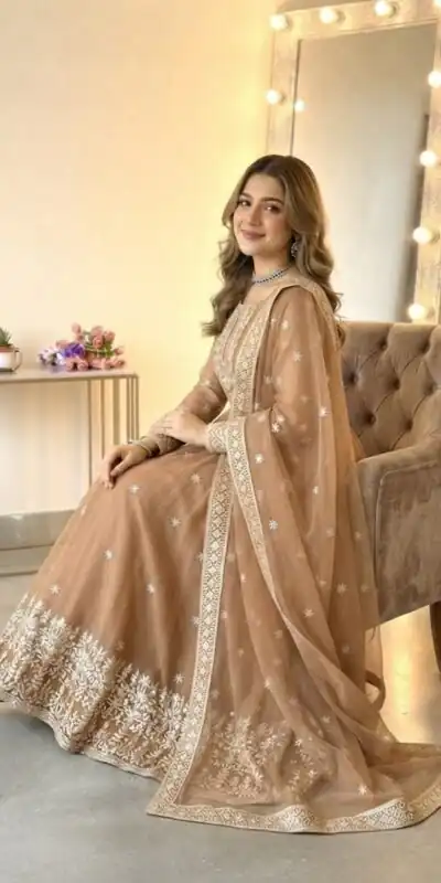 SSR 546 Chiku in Georgette Embroidery Work & Sequins Work Gown . Get it for ₹2149. Delivery 4-6 Working Days. Online Shop now. | Bollywood Gowns, Creative Gowns, Designer Gowns, Embroidered Gowns, Gowns, Party Wear Gowns