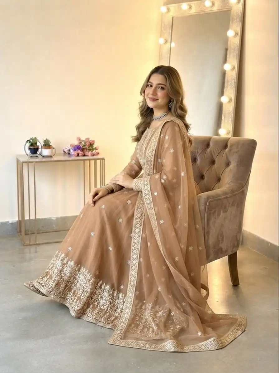 SSR 546 Chiku in Georgette Embroidery Work & Sequins Work Gown . Get it for ₹2149. Delivery 4-6 Working Days. Online Shop now. | Bollywood Gowns, Creative Gowns, Designer Gowns, Embroidered Gowns, Gowns, Party Wear Gowns