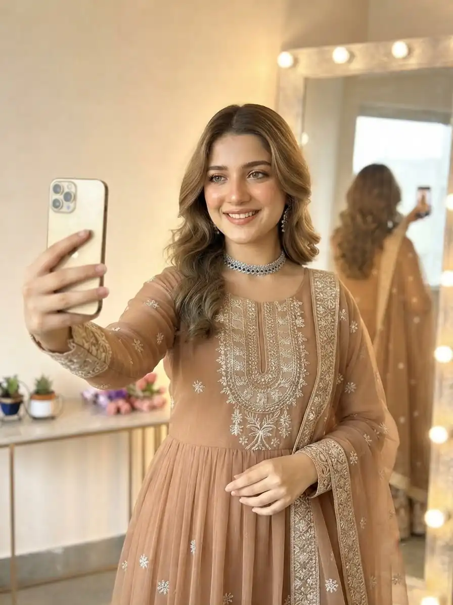 SSR 546 Chiku in Georgette Embroidery Work & Sequins Work Gown . Get it for ₹2149. Delivery 4-6 Working Days. Online Shop now. | Bollywood Gowns, Creative Gowns, Designer Gowns, Embroidered Gowns, Gowns, Party Wear Gowns
