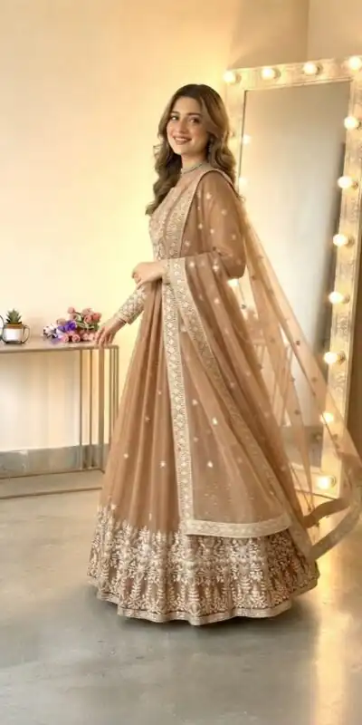 SSR 546 Chiku in Georgette Embroidery Work & Sequins Work Gown . Get it for ₹2149. Delivery 4-6 Working Days. Online Shop now. | Bollywood Gowns, Creative Gowns, Designer Gowns, Embroidered Gowns, Gowns, Party Wear Gowns