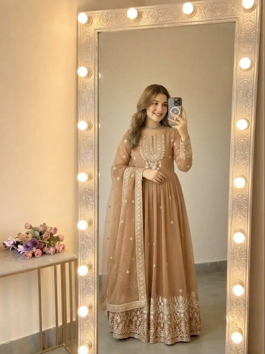 SSR 546 Chiku in Georgette Embroidery Work & Sequins Work Gown . Get it for ₹2149. Delivery 4-6 Working Days. Online Shop now. | Bollywood Gowns, Creative Gowns, Designer Gowns, Embroidered Gowns, Gowns, Party Wear Gowns