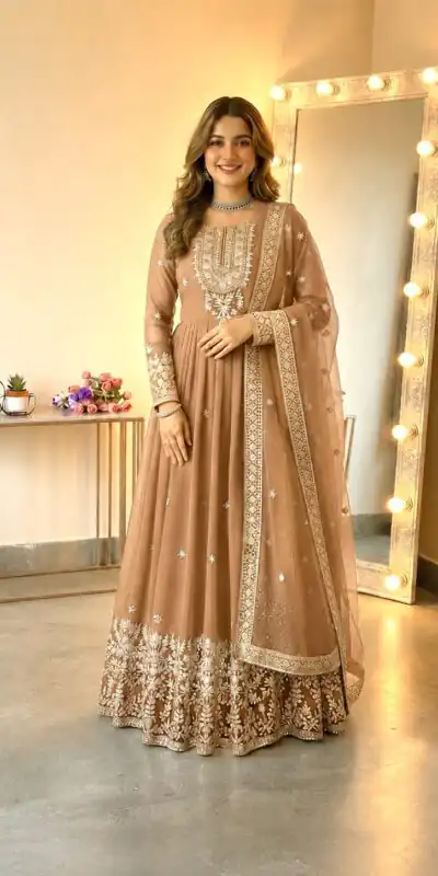 SSR 546 Chiku in Georgette Embroidery Work & Sequins Work Gown . Get it for ₹2149. Delivery 4-6 Working Days. Online Shop now. | Bollywood Gowns, Creative Gowns, Designer Gowns, Embroidered Gowns, Gowns, Party Wear Gowns