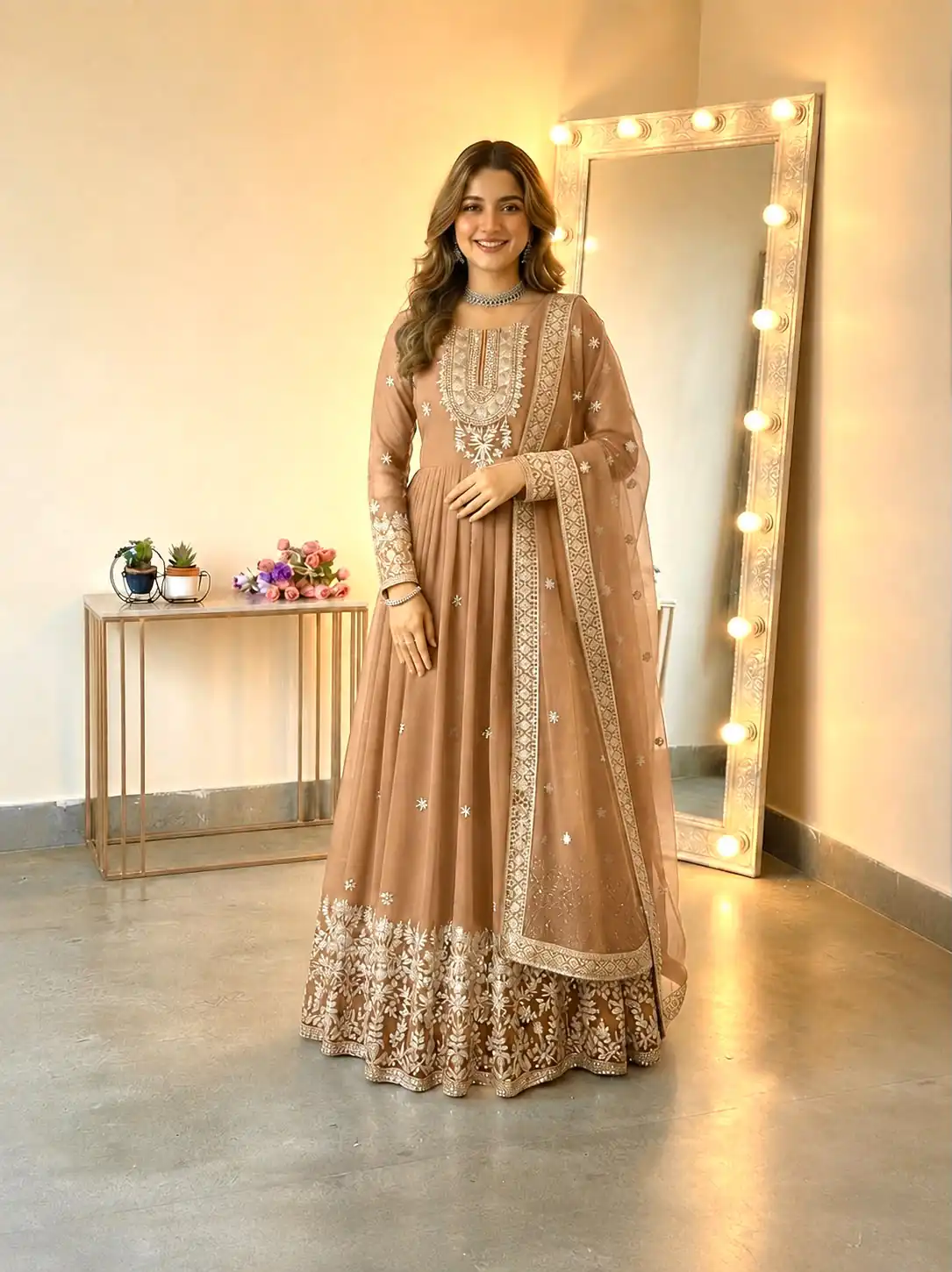 SSR 546 Chiku in Georgette Embroidery Work & Sequins Work Gown . Get it for ₹2149. Delivery 4-6 Working Days. Online Shop now. | Bollywood Gowns, Creative Gowns, Designer Gowns, Embroidered Gowns, Gowns, Party Wear Gowns
