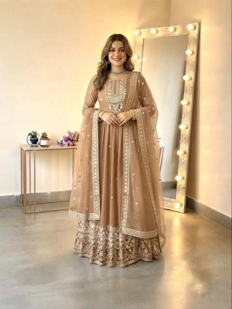 SSR 546 Chiku in Georgette Embroidery Work & Sequins Work Gown . Get it for ₹2149. Delivery 4-6 Working Days. Online Shop now. | Bollywood Gowns, Creative Gowns, Designer Gowns, Embroidered Gowns, Gowns, Party Wear Gowns