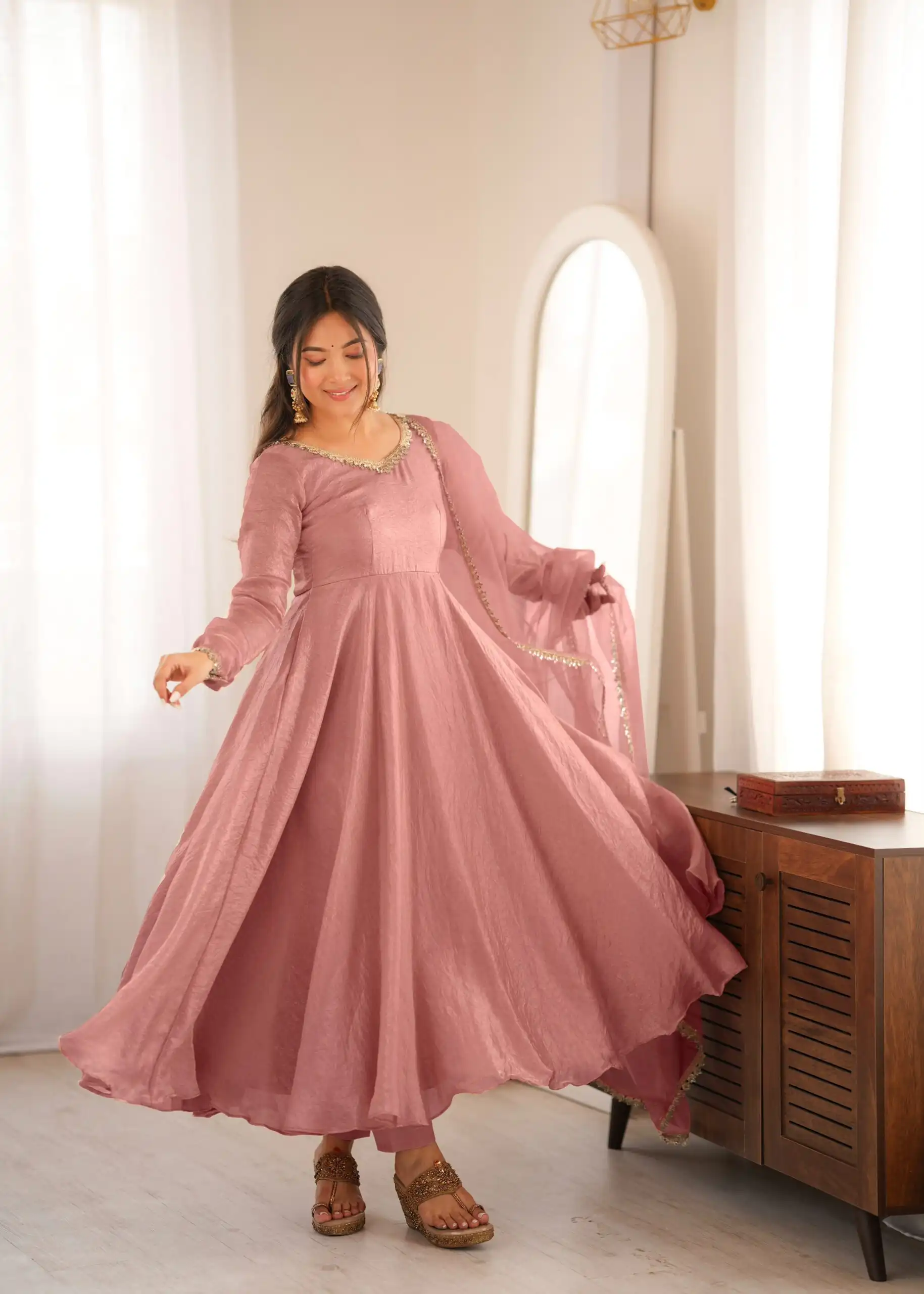 SRK 5355 Pink Doremon Crush Gown with Lace Work & Mirror Work. Exclusive Offer ₹2099. Delivery 4-6 Working Days. Shop now. | Bollywood Gowns, Creative Gowns, Designer Gowns, Embroidered Gowns, Gowns, Party Wear Gowns