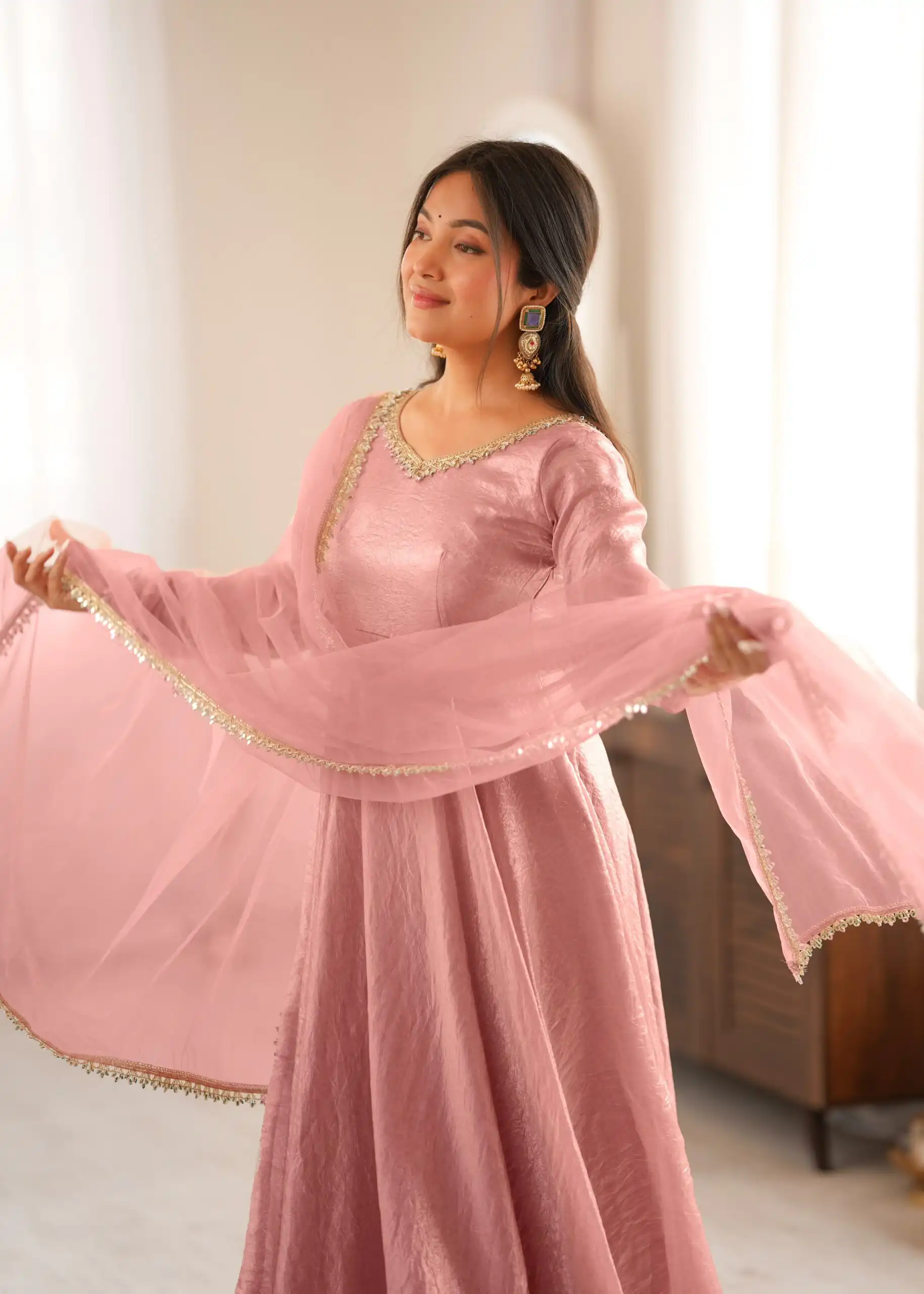 SRK 5355 Pink Doremon Crush Gown with Lace Work & Mirror Work. Exclusive Offer ₹2099. Delivery 4-6 Working Days. Shop now. | Bollywood Gowns, Creative Gowns, Designer Gowns, Embroidered Gowns, Gowns, Party Wear Gowns