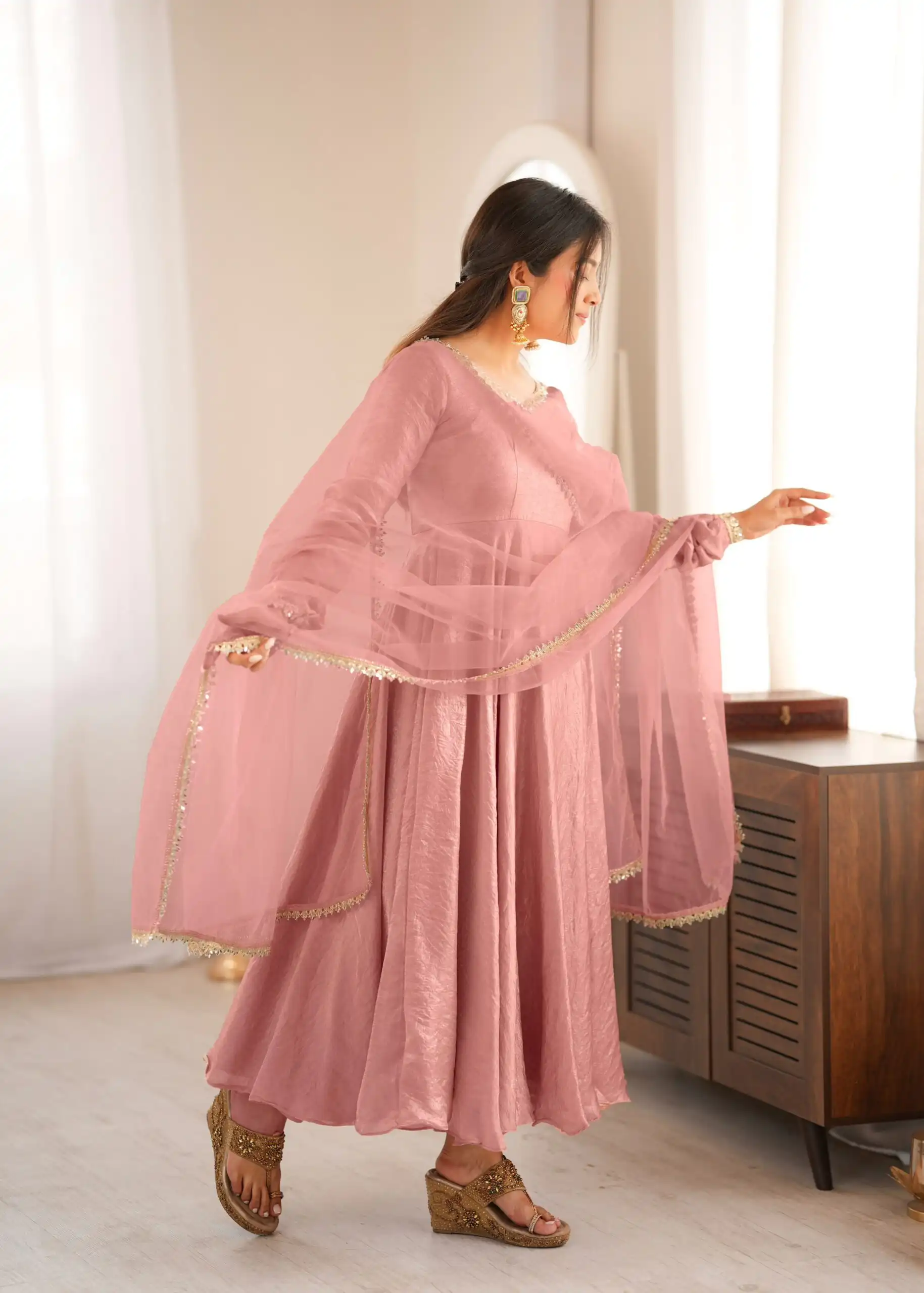 SRK 5355 Pink Doremon Crush Gown with Lace Work & Mirror Work. Exclusive Offer ₹2099. Delivery 4-6 Working Days. Shop now. | Bollywood Gowns, Creative Gowns, Designer Gowns, Embroidered Gowns, Gowns, Party Wear Gowns